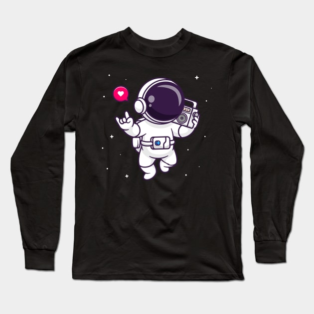 Cute Astronaut Listening Boombox In Space Cartoon Long Sleeve T-Shirt by Catalyst Labs